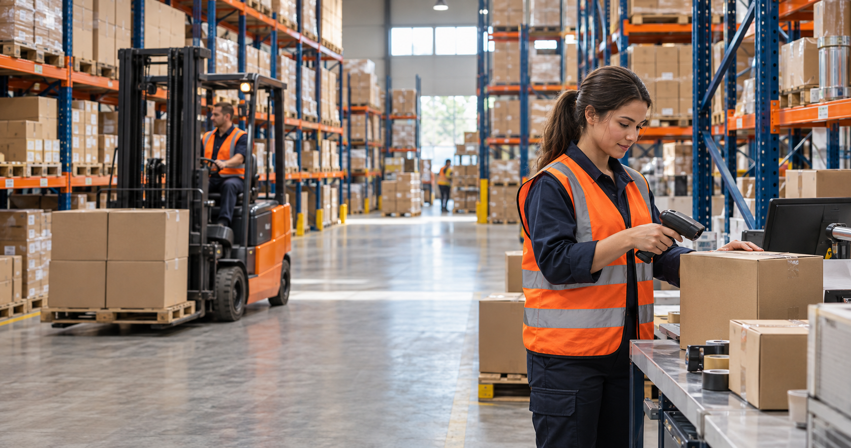 Warehouse worker scanning a carton beside a forklift, illustrating warehousing and fulfilment in Dubai.